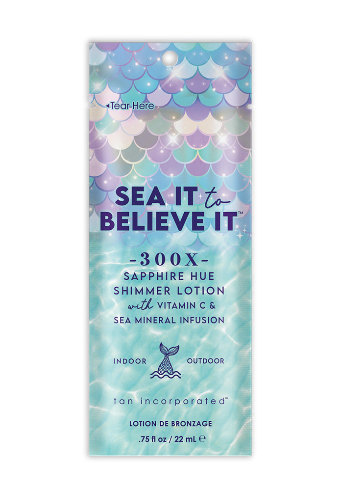 Sea It Believe It shimmer lotion packaging with mermaid scale design on a white background