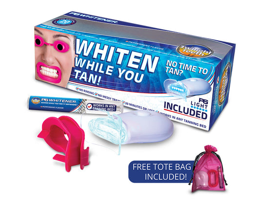 Packaging of a teeth whitening product with a free tote bag included on a white background.