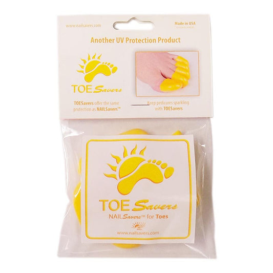 A bag of yellow toe savers on a white background 