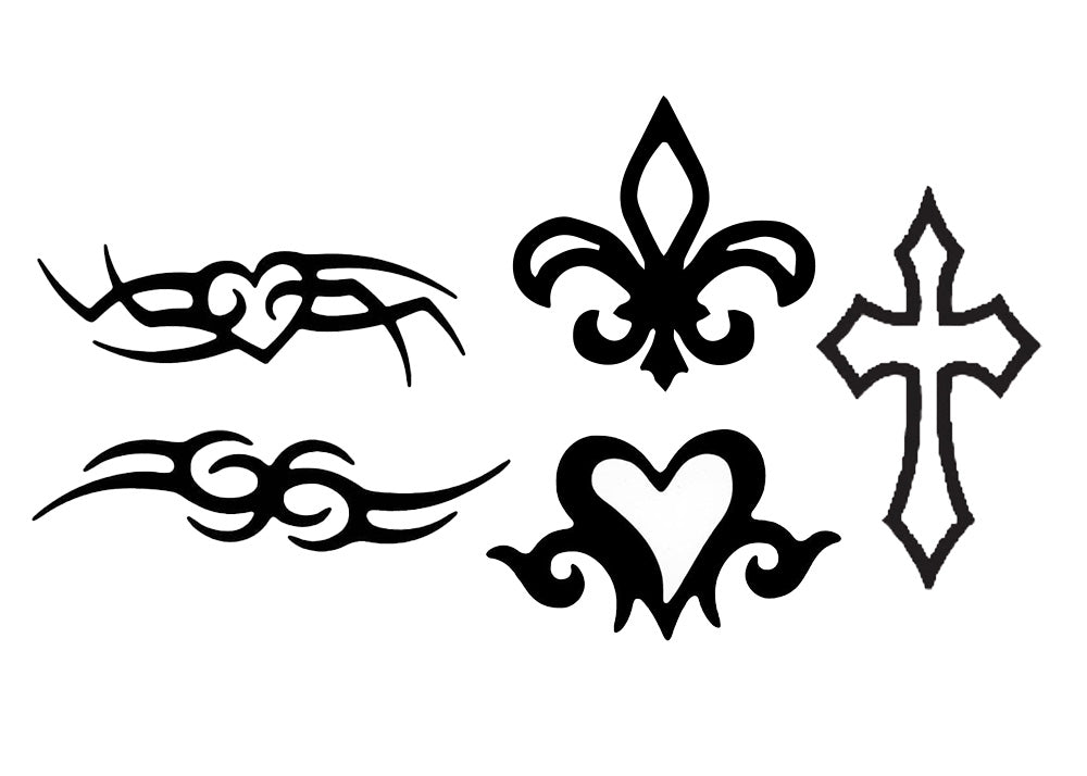 Set of black tattoo designs including a snake, fleur-de-lis, heart, and cross on a white background.