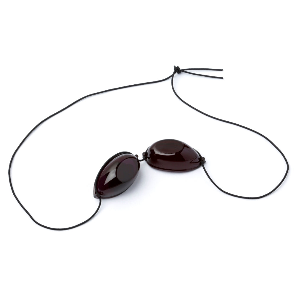 Pair of dark sunglasses on a black cord against a white background