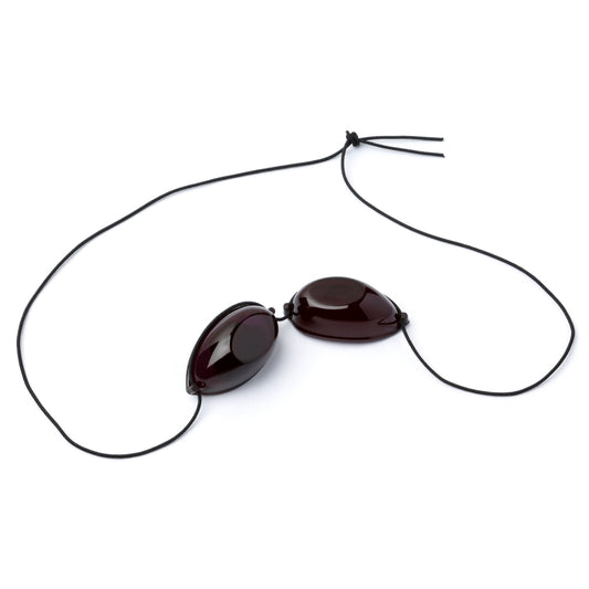 Pair of dark sunglasses on a black cord against a white background